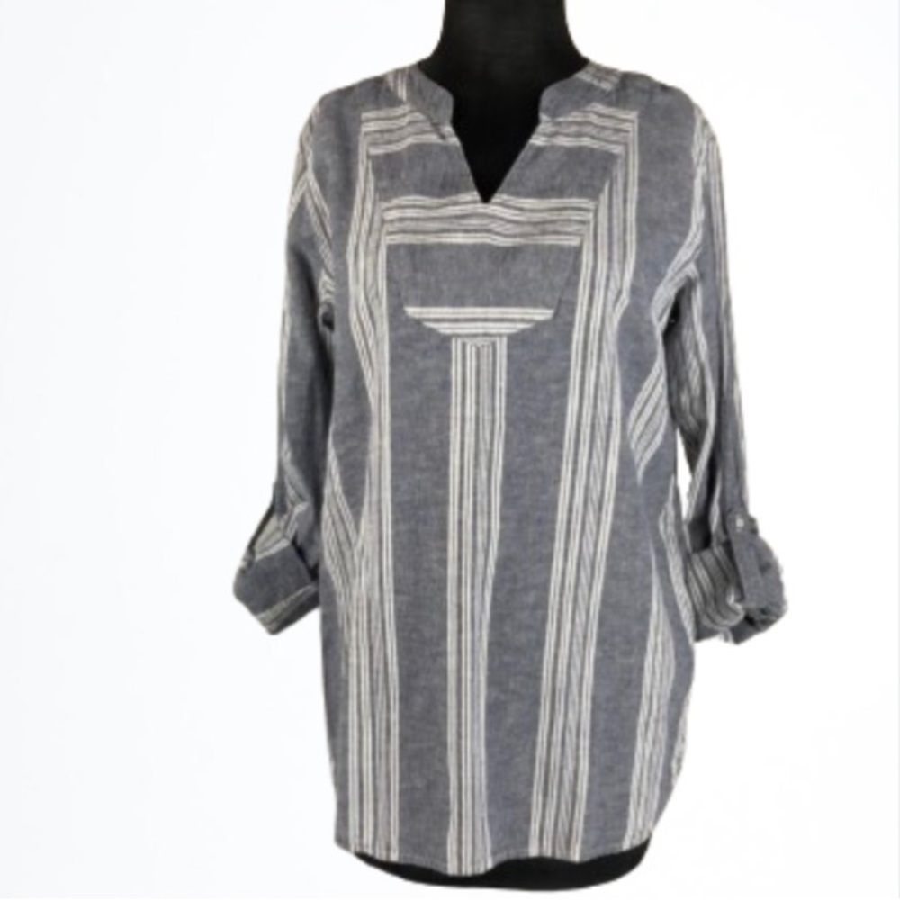 Natural Reflections Top Women’s Size Large Cotton/Linen Blend Gray White Striped